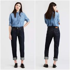 Levi’s Made And Crafted Column Taper High Rise 24 Size 24x30 Style # 756450005 Japanese Selvedge Denim Resin Valley Dark Wash Made To Be Worn And Washed Less Blue Tab Straight Fit High Rise: 11.5” Straight Leg Opening: 14.25” Zip Fly 5 Pocket Styling Thick Cotton Feel 98% Cotton 2% Elastane Bin C Levis Street Style, Slim Jeans Outfit, Japanese Selvedge Denim, Straight Crop Jeans, Selvedge Denim, Levi Jeans 501, Button Fly Jeans, Women Denim Jeans, Plus Size Jeans