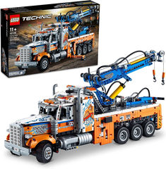 the lego technic truck is orange and blue with a crane on it's back