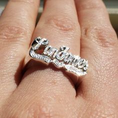 Sparkly name ring with a beading, we can do yellow and rose colors also... Custom Name Rose Gold Promise Ring, Custom Name Rose Gold Ring, Custom Name Rose Gold Ring Jewelry, Personalized Name Ring Jewelry, Heart-shaped Name Rings For Gift, Red Ink Tattoos, Name Rings, Red Ink, Rose Color