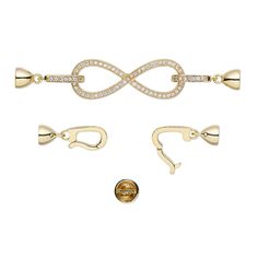 An elegant finishing touch for jewelry designs, this brass clasp shimmers with hand-set cubic zirconia accents. Secure and lightweight, clasp is machine-made for consistent size, shape and functionality, and is quality plated for long-lasting wear and shine. Gold Infinity Shaped Metal Jewelry, Elegant Adjustable Jewelry With Box Clasp, Classic Gold Infinity Jewelry, Elegant Diamond Jewelry With Box Clasp, Elegant Gold-tone Jewelry With Box Clasp, Formal Cubic Zirconia Jewelry With Lobster Clasp, Gold Jewelry With Butterfly Clasp For Wedding, Gold Metal Jewelry With Butterfly Clasp, Elegant Interchangeable Jewelry For Anniversary