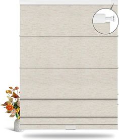 a beige roman blind with flowers on the bottom and an image of a flower vase next to it