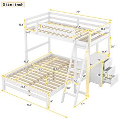 the bunk bed frame is shown with measurements for each mattress and foot board, as well as two drawers