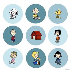 the peanuts characters are depicted in different circles