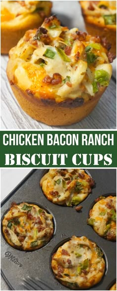 chicken bacon ranch biscuit cups in muffin tins with the title above it