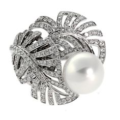 Chanel Pearl Diamond White Gold Ring 0000043 Pearl Diamond Ring, Chanel Ring, Chanel Pearl, Pretty Leaf, Sparkling Jewelry, Chanel Pearls, Pearl Rings, Pearl And Diamond Ring, Gold Cocktail Ring