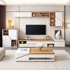 a modern living room with white furniture and wooden shelves on the wall, along with a large flat screen tv