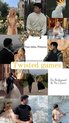 a collage of photos with the words twisted games and pictures of people in formal wear