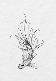 a black and white drawing of a fish with its tail curled up in the air