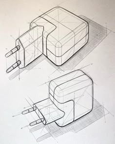 two drawings of an electronic device on paper