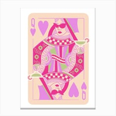 a pink and green playing card with an image of a woman holding a cup in her hand