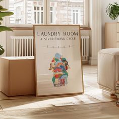 an advertisement for the laundry room is displayed in front of a chair and bookshelf