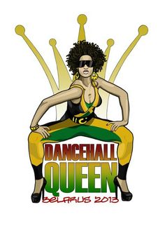 a woman sitting on top of a chair with the words dancehall queen behind her