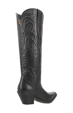 Add a dose of Western flair to your footwear collection with a knee-high leather cowboy boot boasting intricate topstitching and a sharply notched topline. A thick block heel and cushioned footbed make it perfect for a night of line dancing. Cushioning: absorbs impact and distributes weight for consistent, buoyant comfort under each step 2 1/2" heel 17" shaft; 15" calf circumference Pull-on style Cushioned insole Leather upper/textile lining/synthetic sole Imported Knee High Western Boots, Black Cowgirl Boots, Black Leather Cowboy Boots, Mens Cowboy Hats, Black Cowgirl, Black Cowboy Boots, Womens Cowgirl Boots, Womens Work Boots, Handcrafted Boots