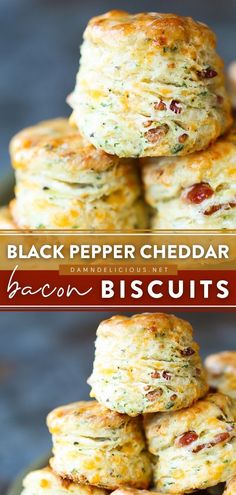 black pepper cheddar bacon biscuits stacked on top of each other with text overlay