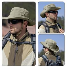 three pictures of a man wearing a hat and sunglasses, with the same cap on his head