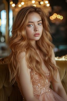 Long hair with shimmering rose gold waves Waves On Long Hair, Gold Waves