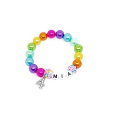 This adorable name bracelet features a rhinestone number charm, acrylic alphabet beads, resin rhinestone beads and a bright rainbow of 10mm acrylic pearls double strung with durable stretch floss cord. Please select the number charm from the drop down menu. The size of your bracelet will be made to fit the age that corresponds to the chosen charm. Example - if you select the number 5 charm, the bracelet will be made to fit a 5 year old. Your bracelet will arrive in an organza bag making it ready Personalized Round Beads Name Bracelet For Birthday, Personalized Name Bracelet With Round Beads For Birthday, Cute Birthday Jewelry With Letter Beads, Multicolor Hypoallergenic Jewelry For Birthday, Hypoallergenic Multicolor Jewelry For Birthday, Cute Name Bracelet With Round Beads For Birthday, Personalized Playful Stretch Bracelet For Birthday, Playful Personalized Stretch Bracelet For Birthday, Cute Name Beaded Bracelets For Birthday