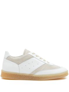 white/beige calf suede/calf leather panelled design perforated detailing branded insole round toe front lace-up fastening flat rubber sole Low-top Calf Leather Sneakers With Textured Sole, Low-top Textile Sneakers With Vulcanized Sole, Low-top Leather Sneakers With Contrast Stitching, Margiela Replica Sneakers, Maison Margiela Platform Sneakers, Margiela Sneakers, Latest Fashion Design, Crossbody Tote Bag, Moon Boots