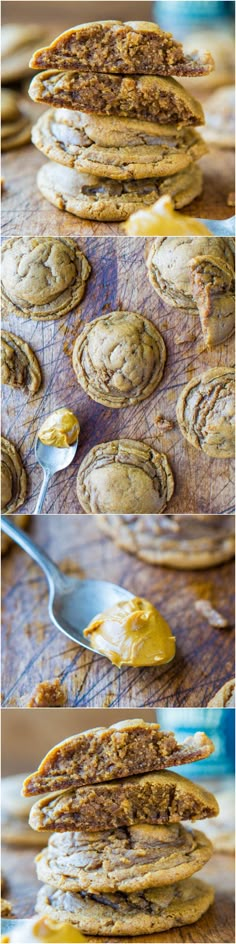 three different views of pancakes with butter on them