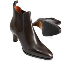 HEELED CHELSEA BOOTS WOMEN IN BROWN VITELLO Office Boots With Goodyear Welt And Almond Toe, Office Goodyear Welted Pointed Toe Boots, Office Boots With Pointed Toe And Goodyear Welt, Brown Goodyear Welted Boots For Office, Elegant Pointed Toe Goodyear Welted Boots, Luxury Ankle Boots With Deep Heel Cup, Classic High Heel Boots With Heel Tab, Business Boots With Heel Tab And Almond Toe, Almond Toe Business Boots With Heel Tab