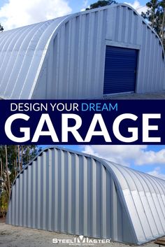 two garages with the words design your dream garage on them and an image of a building