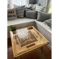 a coffee table with a game board on it