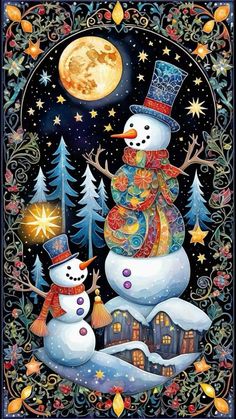 two snowmen are standing next to each other in front of the moon and stars