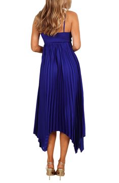 Allover pleats lend graceful movement to this rich satin maxi designed with slender adjustable straps and a drapey asymmetric hem. Slips on over head Sweetheart neck Adjustable straps Partially lined 100% polyester Hand wash, dry flat Imported Spring Pleated Asymmetrical Maxi Dress, Solid Satin Maxi Dress For Summer, Strapless Pleated Maxi Dress For Party, Pleated Draped Midi Dress For Night Out, Summer Prom Maxi Dress With Asymmetrical Hem, Pleated Dresses With Spaghetti Straps, Strapless Pleated Maxi Dress For Night Out, Summer Draped Maxi Dress For Night Out, Summer Strapless Sleeveless Dress With Pleats