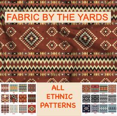 fabric by the yard all ethnic patterns in red, brown and tan colors with text overlay