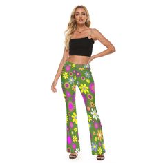 Flare Pants, 70s Hippie Pants, Floral Pants, Wide Leg Pants, Green Flare Pants,Retro Pants,70s style Pants,Wide Leg Yoga Pants,Mod 60s pants Custom made and hand sewn to order. **Size up since these runs small. I wanted to create a hippie floral wide leg pants style since I seldom see this style in this print. Wide waist band. Hip Flare bottom pants style. Fun for everyday wear or yoga. Perfect with platform heels or chunky high heels. ● Fabric:Micro Fiber(95% Polyester and 5% Spandex) ● Slim fi Summer Retro Flare Bottoms, Retro Flare Bottoms For Summer, Spring Wide Leg Bottoms With Retro Print, Wide Leg Bottoms With Retro Print For Spring, Wide-leg Bottoms With Retro Print For Spring, Casual Wide Leg Pants With Retro Print, Wide Leg Bottoms With Retro Print For Summer, Retro Wide Leg Bottoms For Spring, Retro Trousers For Spring