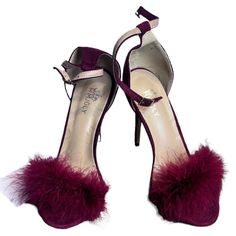 "Size 10 Suede Sole Heel Measures Approximately 4.33 Inches"" Fabric: Faux Suede & Fax Feather Heel Length 4.33"" Unique Fluffy Feather Design, Open Toe, Stiletto, And With Ankle Buckle Strap. Notice! The Way To Do The Buckle: The Design Is Similar To A Removable Bra Strap. Take The End Of The Strap With The Hook (Opening Of The Hook Should Be Upwards), And Bring The End With The Buckle Around Your Ankle (Buckle Facing Outward). Slide The Bit Of Strap Right Behind The Buckle Down Into The Hook, Burgundy Heels For Summer Party, Burgundy Heels For Spring Party, Summer Party Burgundy Heels, Spring Party Burgundy Heels, Burgundy Heels For Party, Fitted Burgundy Heels For Party, Elegant Burgundy Heels For Winter, Feather Heels, Bra Strap