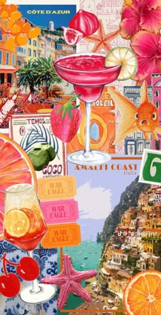 a collage of colorful pictures with oranges, cocktails and other items