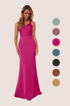 a woman in a long pink dress standing next to color swatches and the colors shown below her