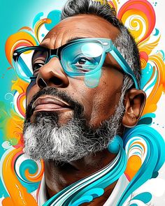 a man with glasses and a beard in front of colorful swirls on a blue background