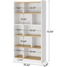 a white bookcase with wooden shelves and measurements