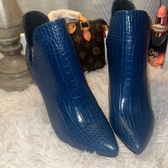 Bnwob Nw 4 1/2” Block Heel Blue Crock, Embossed Ankle Boots 2 Block, Emboss, Block Heels, Black Blue, Blue Black, Ankle Boots, Women Shoes, Boots, Heels