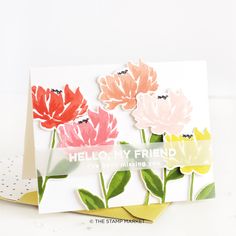 two cards with flowers on them and the words, hello my friend are written in white