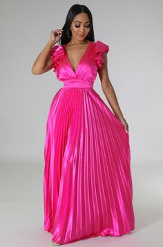 Taj Maeve Dress - Chic by Taj Pink Pleated A-line Maxi Dress, Chic A-line Pleated Dress With Ruffles, Fitted V-neck Pleated Dress With Ruffles, Pink V-neck Pleated Dress For Party, Flirty A-line Stretch Dress, Pleated V-neck Sundress, Flowy A-line Dress With Pleated Skirt, Fitted V-neck Dress With Folds, Solid Color Pleated A-line Maxi Dress