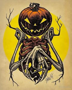 a drawing of a skeleton with a jack - o - lantern on it's back