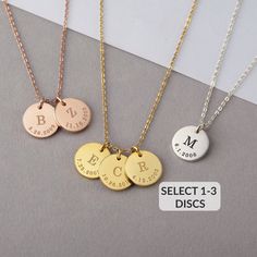 "**MOTHER AND CHILD NECKLACE, made from sterling silver with silver, gold plated or rose gold plated finishing color. This necklace is a special gift for moms & grandmas that each disc charm can be personalized with her kids' initial & date of birth. (Select from 1-3 disc charms) I T E M ∙ D E T A I L S * Word limits: 1 initial + 1 date of birth/ charm * By default, silver items comes with BLACK engraving and gold-plated item comes with CLEAR engraving. * Material: Sterling silver * Finishing co Customized Rose Gold Necklaces As Gifts, Customized Rose Gold Necklace As Gift, Customized Rose Gold Necklaces, Customized Round Rose Gold Necklace, Customized Rose Gold Necklace, Customized Minimalist Rose Gold Necklace, Rose Gold Engraved Necklace For Gifts, Customizable Rose Gold Sterling Silver Charm Necklaces, Personalized Nickel-free Rose Gold Necklace