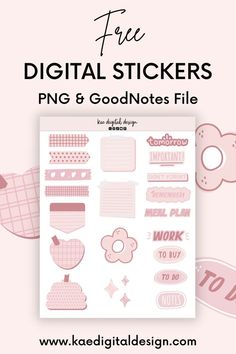 a pink sticker sheet with the text free digital stickers png and good notes file