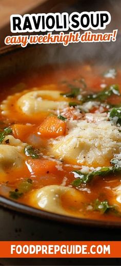 A warm, inviting bowl of One Pot Ravioli Soup, brimming with soft ravioli and chunks of vegetables in a vibrant tomato broth. The finishing touch of fresh parsley and grated cheese adds a touch of elegance and flavor. Ravioli Soup, Simple Soups, Ravioli Recipes, Soup Quick, Pasta Ravioli