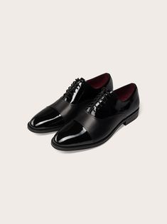 A classic patent leather, cap toe oxford  Patent leather and calfskin upper Rubber sole Lovingly maintained by our in-house cobblers Suit Prom, Tuxedo Shoes, Cap Toe Shoes, Black Tux, Formal Look, On The Dance Floor, Leather Cap, Formal Looks, Toe Shoes