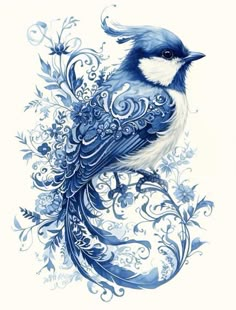 a blue and white bird sitting on top of a flowery branch with swirls