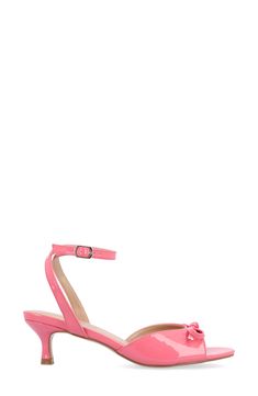 An ankle-strap sandal crafted from glossy faux leather offers sweet style with a dainty bow and kitten heel. 2" heel Synthetic upper, lining and sole Imported Pink Open Toe Sandals With Bow Straps, Pink Sandals With Bow Straps For Summer, Pink Ankle Strap Sandals With Bow, Pink Ankle Strap Heels With Bow Straps, Synthetic Ankle Strap Heels With Bow, Synthetic Kitten Heels With Heel Strap And Block Heel, Ankle Strap Heels With Bow, Synthetic, Synthetic Heels With Bow And Ankle Strap, Summer Slingback Pumps With Bow Straps