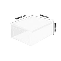 an image of a clear plastic box with measurements for the lid and bottom section on white background