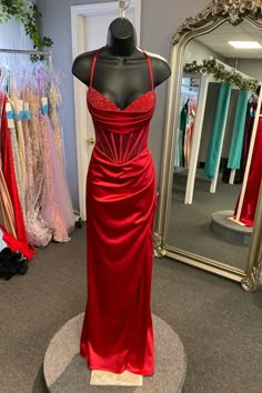 2023 spaghetti straps red satin mermaid long prom dress with slit #promdresses #prom2024 Pageant Evening Dress With Corset Back And Fitted Bodice, Satin Corset Dress With Spaghetti Straps For Prom, Fitted Evening Dress With Corset Back For Pageants, Satin Spaghetti Straps Corset Dress For Prom Season, Red Evening Dress With Spaghetti Straps And Fitted Bodice, Red Fitted Evening Dress For Pageant, Fitted Satin Homecoming Gown, Satin Gown With Sweetheart Neckline For Homecoming, Red Satin Corset Dress With Fitted Bodice