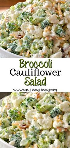 broccoli cauliflower salad in a white bowl with the title above it