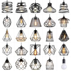 many different types of light bulbs hanging from wire and metal caged lightshades