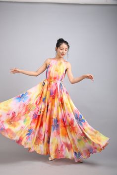 Chiffon Orange Flower Long Party Dress Evening Wedding Lightweight Sundress Summer Holiday Beach Dress Bridesmaid Dress Maxi Skirt Detail Info: ❤ Color: Orange flower as picture More color choice link: https://www.etsy.com/listing/213656440/chiffon-dress-color-card?ref=shop_home_feat_1 you just note the color you want with order, we will make according to your note. ❤ Material: Chiffon ❤ The dress doesn't limit the chest size and waist size, arm hole 45cm (if your upper arm circle circumference Summer Wedding Chiffon Dress, Elegant Sleeveless Multicolor Chiffon Dress, Elegant Multicolor Sleeveless Chiffon Dress, Spring Flowy Chiffon Bridesmaid Dress, Flowy Chiffon Bridesmaid Dress For Spring, Multicolor Flowy Sleeveless Chiffon Dress, Orange Sleeveless Chiffon Maxi Dress, Multicolor Chiffon Sleeveless Maxi Dress, Sleeveless Multicolor Chiffon Maxi Dress